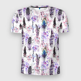 Мужская футболка 3D спортивная с принтом Акварельные перья в Новосибирске, 100% полиэстер с улучшенными характеристиками | приталенный силуэт, круглая горловина, широкие плечи, сужается к линии бедра | beads | bird | blue | boho | bright | circles | color | dots | ethnic | feathers | flower | hippie | illustration | ma | pink | purple | watercolor | акварель | бохо | бусы | василек | иллюстрация | круги | лиловый | перья | птичьи | розовый | с