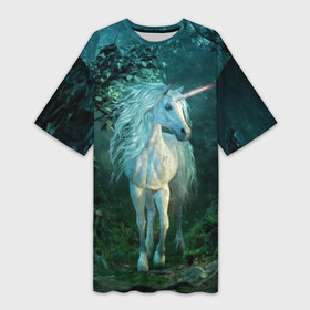 Платье-футболка 3D с принтом Единорог в Новосибирске,  |  | animal | beautiful | blue | fantasy | green | hooves | horn | horse | magi | mushrooms | nature | night | unicorn | white | белый | волшебство | грибы | грива | единорог | животное | зеленый | иллюстрация | копыта | лес | лошадь | мифология | но