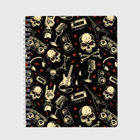 Тетрадь с принтом Гранж с черепами в Новосибирске, 100% бумага | 48 листов, плотность листов — 60 г/м2, плотность картонной обложки — 250 г/м2. Листы скреплены сбоку удобной пружинной спиралью. Уголки страниц и обложки скругленные. Цвет линий — светло-серый
 | bones | grunge | guitar | hands | microphone | music | punk | record | rocker | skeleton | skull | sound | style | tape | vintage | vinyl | винил | винтаж | гитары | гранж | звук | кассеты | коза | кости | магнитофон | микрофон | молнии | музыка | очки | 