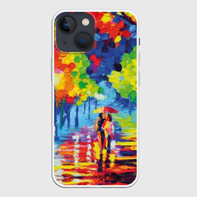 Чехол для iPhone 13 mini с принтом Осенний бульвар в Новосибирске,  |  | art | blue | couple | green | lovers | orange | street | tree | umbrella | yellow | влюбленные | дерево | дождь | желтый | зеленый | зонт | искусство | картина | краски | красный | листья | масло | о | оранжевый | осенний | отражение