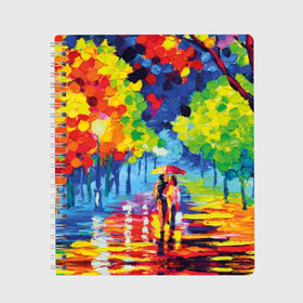 Тетрадь с принтом Осенний бульвар в Новосибирске, 100% бумага | 48 листов, плотность листов — 60 г/м2, плотность картонной обложки — 250 г/м2. Листы скреплены сбоку удобной пружинной спиралью. Уголки страниц и обложки скругленные. Цвет линий — светло-серый
 | art | blue | couple | green | lovers | orange | street | tree | umbrella | yellow | влюбленные | дерево | дождь | желтый | зеленый | зонт | искусство | картина | краски | красный | листья | масло | о | оранжевый | осенний | отражение