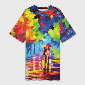 Платье-футболка 3D с принтом Осенний бульвар в Новосибирске,  |  | art | blue | couple | green | lovers | orange | street | tree | umbrella | yellow | влюбленные | дерево | дождь | желтый | зеленый | зонт | искусство | картина | краски | красный | листья | масло | о | оранжевый | осенний | отражение