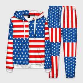 Мужской костюм 3D с принтом США в Новосибирске, 100% полиэстер | Манжеты и пояс оформлены тканевой резинкой, двухслойный капюшон со шнурком для регулировки, карманы спереди | Тематика изображения на принте: flag | stars | usa | usa flag | америка | американский флаг | звезды | надписи | полосы | сша | флаг | флаг сша