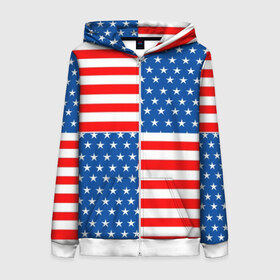 Женская толстовка 3D на молнии с принтом США в Новосибирске, 100% полиэстер | длина до линии бедра, манжеты и пояс оформлены мягкой тканевой резинкой, двухслойный капюшон со шнурком для регулировки, спереди молния, по бокам два кармана | flag | stars | usa | usa flag | америка | американский флаг | звезды | надписи | полосы | сша | флаг | флаг сша
