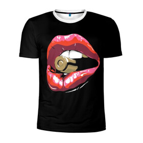 Мужская футболка 3D спортивная с принтом Губы с патроном в Новосибирске, 100% полиэстер с улучшенными характеристиками | приталенный силуэт, круглая горловина, широкие плечи, сужается к линии бедра | Тематика изображения на принте: black | bullet | cartridge | cool | gloss | lips | lipstick | metal | pink | red | sleeve | steel | teeth | weapon | white | белый | блеск | гильза | губы | зубы | красный | круто | металл | оружие | патрон | помада | пуля | розовый | сталь | черный