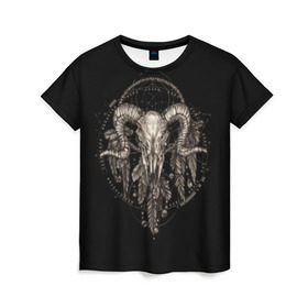 Женская футболка 3D с принтом Овен в ловце снов в Новосибирске, 100% полиэфир ( синтетическое хлопкоподобное полотно) | прямой крой, круглый вырез горловины, длина до линии бедер | aries | black | charm | cobweb | dream catcher | ethnic | feathers | goat | horns | mystic | national | ram | skeleton | skull | taurus | totem | баран | гороскоп | знак зодиака | козел | ловец снов | мистика | национальный | оберег | овен | паутина | пер