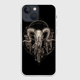 Чехол для iPhone 13 mini с принтом Овен в ловце снов в Новосибирске,  |  | aries | black | charm | cobweb | dream catcher | ethnic | feathers | goat | horns | mystic | national | ram | skeleton | skull | taurus | totem | баран | гороскоп | знак зодиака | козел | ловец снов | мистика | национальный | оберег | овен | паутина | пер