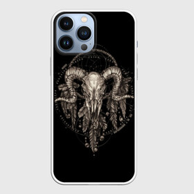 Чехол для iPhone 13 Pro Max с принтом Овен в ловце снов в Новосибирске,  |  | aries | black | charm | cobweb | dream catcher | ethnic | feathers | goat | horns | mystic | national | ram | skeleton | skull | taurus | totem | баран | гороскоп | знак зодиака | козел | ловец снов | мистика | национальный | оберег | овен | паутина | пер