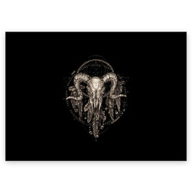 Поздравительная открытка с принтом Овен в ловце снов в Новосибирске, 100% бумага | плотность бумаги 280 г/м2, матовая, на обратной стороне линовка и место для марки
 | aries | black | charm | cobweb | dream catcher | ethnic | feathers | goat | horns | mystic | national | ram | skeleton | skull | taurus | totem | баран | гороскоп | знак зодиака | козел | ловец снов | мистика | национальный | оберег | овен | паутина | пер