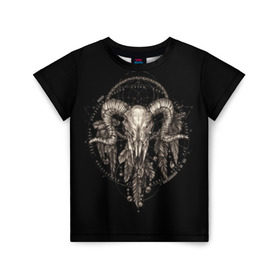 Детская футболка 3D с принтом Овен в ловце снов в Новосибирске, 100% гипоаллергенный полиэфир | прямой крой, круглый вырез горловины, длина до линии бедер, чуть спущенное плечо, ткань немного тянется | Тематика изображения на принте: aries | black | charm | cobweb | dream catcher | ethnic | feathers | goat | horns | mystic | national | ram | skeleton | skull | taurus | totem | баран | гороскоп | знак зодиака | козел | ловец снов | мистика | национальный | оберег | овен | паутина | пер