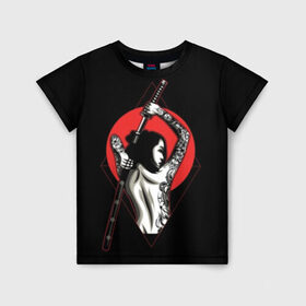 Детская футболка 3D с принтом Девушка с мечом в Новосибирске, 100% гипоаллергенный полиэфир | прямой крой, круглый вырез горловины, длина до линии бедер, чуть спущенное плечо, ткань немного тянется | Тематика изображения на принте: beauty | black | brunette | cool | girl | gray | japan | japanese | mafia | red | samurai | sun | sword | tattoo | white | woman | yakuza | young | белый | брюнетка | девушка | женщина | красный | красотка | круто | мафия | меч | молодая | самурайский | с
