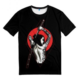 Мужская футболка 3D с принтом Девушка с мечом в Новосибирске, 100% полиэфир | прямой крой, круглый вырез горловины, длина до линии бедер | Тематика изображения на принте: beauty | black | brunette | cool | girl | gray | japan | japanese | mafia | red | samurai | sun | sword | tattoo | white | woman | yakuza | young | белый | брюнетка | девушка | женщина | красный | красотка | круто | мафия | меч | молодая | самурайский | с