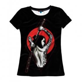 Женская футболка 3D с принтом Девушка с мечом в Новосибирске, 100% полиэфир ( синтетическое хлопкоподобное полотно) | прямой крой, круглый вырез горловины, длина до линии бедер | beauty | black | brunette | cool | girl | gray | japan | japanese | mafia | red | samurai | sun | sword | tattoo | white | woman | yakuza | young | белый | брюнетка | девушка | женщина | красный | красотка | круто | мафия | меч | молодая | самурайский | с