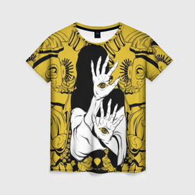 Женская футболка 3D с принтом Девушка с глазами на руках в Новосибирске, 100% полиэфир ( синтетическое хлопкоподобное полотно) | прямой крой, круглый вырез горловины, длина до линии бедер | Тематика изображения на принте: black | cool | eyes | girl | hair | halloween | hands | holiday | horror | mystic | seer | white | witch | woman | yellow | young | белый | ведьма | волосы | глаза | девушка | желтый | женщина | круто | мистика | молодая | праздник | провидец | руки | ужа