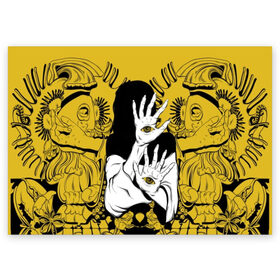 Поздравительная открытка с принтом Девушка с глазами на руках в Новосибирске, 100% бумага | плотность бумаги 280 г/м2, матовая, на обратной стороне линовка и место для марки
 | black | cool | eyes | girl | hair | halloween | hands | holiday | horror | mystic | seer | white | witch | woman | yellow | young | белый | ведьма | волосы | глаза | девушка | желтый | женщина | круто | мистика | молодая | праздник | провидец | руки | ужа
