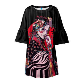 Детское платье 3D с принтом Гейша в Новосибирске, 100% полиэстер | прямой силуэт, чуть расширенный к низу. Круглая горловина, на рукавах — воланы | beauty | black | bright | character | cool | decorations | flowers | geisha | girl | hairstyle | japan | kimon | lines | red | stripes | woman | young | девушка | женщина | иероглиф | кимоно | красный | красотка | круто | линии | молодая | полосы 