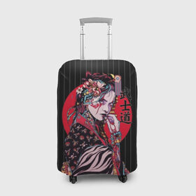 Чехол для чемодана 3D с принтом Гейша в Новосибирске, 86% полиэфир, 14% спандекс | двустороннее нанесение принта, прорези для ручек и колес | beauty | black | bright | character | cool | decorations | flowers | geisha | girl | hairstyle | japan | kimon | lines | red | stripes | woman | young | девушка | женщина | иероглиф | кимоно | красный | красотка | круто | линии | молодая | полосы 