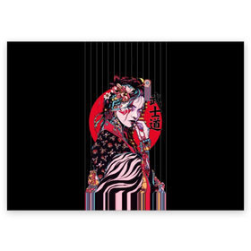 Поздравительная открытка с принтом Гейша в Новосибирске, 100% бумага | плотность бумаги 280 г/м2, матовая, на обратной стороне линовка и место для марки
 | Тематика изображения на принте: beauty | black | bright | character | cool | decorations | flowers | geisha | girl | hairstyle | japan | kimon | lines | red | stripes | woman | young | девушка | женщина | иероглиф | кимоно | красный | красотка | круто | линии | молодая | полосы 