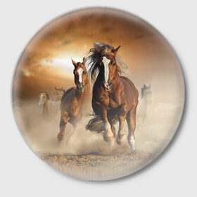 Значок с принтом Бегущие лошади в Новосибирске,  металл | круглая форма, металлическая застежка в виде булавки | animal | color | dust | hooves | horse | mane | mustang | muzzle | nature | sky | speed | грива | животное | конь | копыта | лошадь | мустанг | небо | окрас | природа | пыль | скакун | скорость
