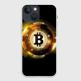 Чехол для iPhone 13 mini с принтом Золотой биткоин в Новосибирске,  |  | Тематика изображения на принте: bitcoin | black | business | coin | digital | electronic | emblem | future | golden | money | power | symbol | technology | web | yellow | бизнес | биткоин | будущее | валюта | веб | власть | деньги | желтый | жетон | золотой | криптовалюта | монета | сим