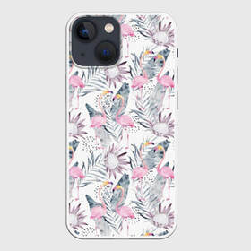 Чехол для iPhone 13 mini с принтом Фламинго в Новосибирске,  |  | abstraction | beak | bird | fauna | feathers | flamingo | flora | flower | happiness | jungle | leaves | nature | pink | tropical | tropics | white | yellow | абстракция | белый | джунгли | желтый | клюв | листья | перья | природа | птица | розовый | счас