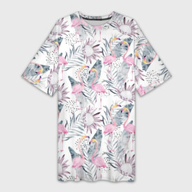 Платье-футболка 3D с принтом Фламинго в Новосибирске,  |  | abstraction | beak | bird | fauna | feathers | flamingo | flora | flower | happiness | jungle | leaves | nature | pink | tropical | tropics | white | yellow | абстракция | белый | джунгли | желтый | клюв | листья | перья | природа | птица | розовый | счас