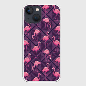 Чехол для iPhone 13 mini с принтом Фламинго в Новосибирске,  |  | abstraction | beak | bird | fauna | feathers | flamingo | flora | geometry | happiness | nature | pink | purple | tropical | tropics | абстракция | геометрия | клюв | перья | природа | птица | розовый | счастье | тропики | тропический | фауна | фиолетовый