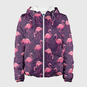 Женская куртка 3D с принтом Фламинго в Новосибирске, ткань верха — 100% полиэстер, подклад — флис | прямой крой, подол и капюшон оформлены резинкой с фиксаторами, два кармана без застежек по бокам, один большой потайной карман на груди. Карман на груди застегивается на липучку | Тематика изображения на принте: abstraction | beak | bird | fauna | feathers | flamingo | flora | geometry | happiness | nature | pink | purple | tropical | tropics | абстракция | геометрия | клюв | перья | природа | птица | розовый | счастье | тропики | тропический | фауна | фиолетовый