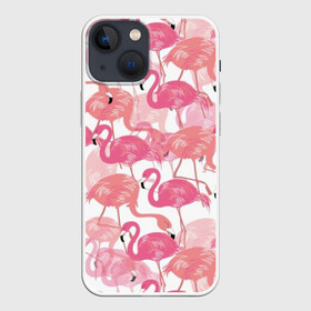 Чехол для iPhone 13 mini с принтом Фламинго в Новосибирске,  |  | abstraction | beak | bird | coral | fauna | feathers | flamingo | flora | happiness | jungle | leaves | nature | pink | tropical | tropics | white | абстракция | белый | джунгли | клюв | коралловый | листья | перья | природа | птица | розовый | счастье | 