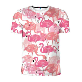 Мужская футболка 3D спортивная с принтом Фламинго в Новосибирске, 100% полиэстер с улучшенными характеристиками | приталенный силуэт, круглая горловина, широкие плечи, сужается к линии бедра | Тематика изображения на принте: abstraction | beak | bird | coral | fauna | feathers | flamingo | flora | happiness | jungle | leaves | nature | pink | tropical | tropics | white | абстракция | белый | джунгли | клюв | коралловый | листья | перья | природа | птица | розовый | счастье | 
