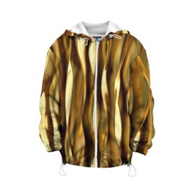 Детская куртка 3D с принтом Золотые волны в Новосибирске, 100% полиэстер | застежка — молния, подол и капюшон оформлены резинкой с фиксаторами, по бокам — два кармана без застежек, один потайной карман на груди, плотность верхнего слоя — 90 г/м2; плотность флисового подклада — 260 г/м2 | abstraction | cool | glitter | gold | lines | luxury | metal | ribbons | shine | texture | абстракция | блеск | волны | золото | круто | ленты | линии | металл | прикольно | роскошь | сиять | текстура