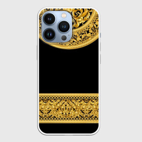 Чехол для iPhone 13 Pro с принтом Золотой орнамент в Новосибирске,  |  | black | circle | curlicues | decor | glitter | gold | gold ornament | lux | luxury | monograms | pattern | yellow | блеск | вензеля | декор | желтый | завитушки | золото | золотой орнамент | круг | люкс | роскошь | узор | черный