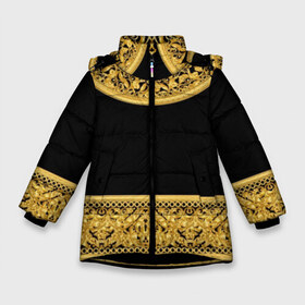 Зимняя куртка для девочек 3D с принтом Золотой орнамент в Новосибирске, ткань верха — 100% полиэстер; подклад — 100% полиэстер, утеплитель — 100% полиэстер. | длина ниже бедра, удлиненная спинка, воротник стойка и отстегивающийся капюшон. Есть боковые карманы с листочкой на кнопках, утяжки по низу изделия и внутренний карман на молнии. 

Предусмотрены светоотражающий принт на спинке, радужный светоотражающий элемент на пуллере молнии и на резинке для утяжки. | black | circle | curlicues | decor | glitter | gold | gold ornament | lux | luxury | monograms | pattern | yellow | блеск | вензеля | декор | желтый | завитушки | золото | золотой орнамент | круг | люкс | роскошь | узор | черный