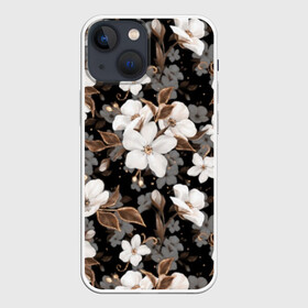 Чехол для iPhone 13 mini с принтом Белые цветы в Новосибирске,  |  | black | bud | cute | flora | flowers | golden | leaves | plant | romance | spring | tenderness | white | yellow | белый | бутон | весна | желтый | золотой | листья | мило | нежность | растение | романтика | флора | цветы | черный