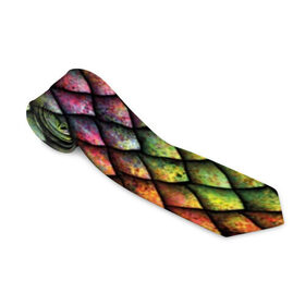 Галстук 3D с принтом Чешуя дракона в Новосибирске, 100% полиэстер | Длина 148 см; Плотность 150-180 г/м2 | blue | bright | colorful | cool | dragon | green | iridescent | orange | pink | purple | rainbow | red | skin | snake | брызги | волшебный | дракон | зеленый | змея | кожа | красный | красочный | оранжевый | прикольный | радуга | радужный