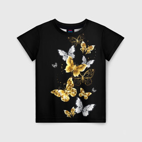 Детская футболка 3D с принтом Золотые бабочки в Новосибирске, 100% гипоаллергенный полиэфир | прямой крой, круглый вырез горловины, длина до линии бедер, чуть спущенное плечо, ткань немного тянется | airy | black | butterfly | cool | cute | flight | flit | gold | insect | magical | white | wings | yellow | бабочка | белый | воздушный | волшебный | желтый | золото | крылья | милый | насекомое | полёт | порхать | прикольный | черный
