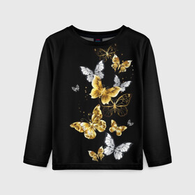 Детский лонгслив 3D с принтом Золотые бабочки в Новосибирске, 100% полиэстер | длинные рукава, круглый вырез горловины, полуприлегающий силуэт
 | airy | black | butterfly | cool | cute | flight | flit | gold | insect | magical | white | wings | yellow | бабочка | белый | воздушный | волшебный | желтый | золото | крылья | милый | насекомое | полёт | порхать | прикольный | черный
