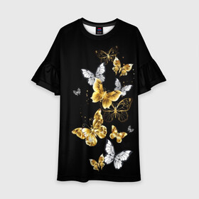 Детское платье 3D с принтом Золотые бабочки в Новосибирске, 100% полиэстер | прямой силуэт, чуть расширенный к низу. Круглая горловина, на рукавах — воланы | airy | black | butterfly | cool | cute | flight | flit | gold | insect | magical | white | wings | yellow | бабочка | белый | воздушный | волшебный | желтый | золото | крылья | милый | насекомое | полёт | порхать | прикольный | черный