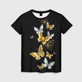 Женская футболка 3D с принтом Золотые бабочки в Новосибирске, 100% полиэфир ( синтетическое хлопкоподобное полотно) | прямой крой, круглый вырез горловины, длина до линии бедер | airy | black | butterfly | cool | cute | flight | flit | gold | insect | magical | white | wings | yellow | бабочка | белый | воздушный | волшебный | желтый | золото | крылья | милый | насекомое | полёт | порхать | прикольный | черный