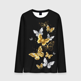 Мужской лонгслив 3D с принтом Золотые бабочки в Новосибирске, 100% полиэстер | длинные рукава, круглый вырез горловины, полуприлегающий силуэт | airy | black | butterfly | cool | cute | flight | flit | gold | insect | magical | white | wings | yellow | бабочка | белый | воздушный | волшебный | желтый | золото | крылья | милый | насекомое | полёт | порхать | прикольный | черный