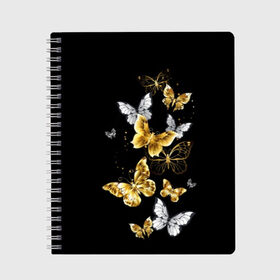 Тетрадь с принтом Золотые бабочки в Новосибирске, 100% бумага | 48 листов, плотность листов — 60 г/м2, плотность картонной обложки — 250 г/м2. Листы скреплены сбоку удобной пружинной спиралью. Уголки страниц и обложки скругленные. Цвет линий — светло-серый
 | airy | black | butterfly | cool | cute | flight | flit | gold | insect | magical | white | wings | yellow | бабочка | белый | воздушный | волшебный | желтый | золото | крылья | милый | насекомое | полёт | порхать | прикольный | черный