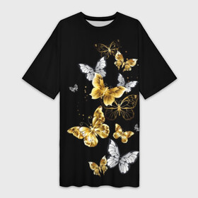 Платье-футболка 3D с принтом Золотые бабочки в Новосибирске,  |  | airy | black | butterfly | cool | cute | flight | flit | gold | insect | magical | white | wings | yellow | бабочка | белый | воздушный | волшебный | желтый | золото | крылья | милый | насекомое | полёт | порхать | прикольный | черный