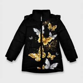 Зимняя куртка для девочек 3D с принтом Золотые бабочки в Новосибирске, ткань верха — 100% полиэстер; подклад — 100% полиэстер, утеплитель — 100% полиэстер. | длина ниже бедра, удлиненная спинка, воротник стойка и отстегивающийся капюшон. Есть боковые карманы с листочкой на кнопках, утяжки по низу изделия и внутренний карман на молнии. 

Предусмотрены светоотражающий принт на спинке, радужный светоотражающий элемент на пуллере молнии и на резинке для утяжки. | airy | black | butterfly | cool | cute | flight | flit | gold | insect | magical | white | wings | yellow | бабочка | белый | воздушный | волшебный | желтый | золото | крылья | милый | насекомое | полёт | порхать | прикольный | черный