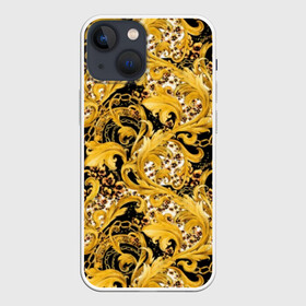 Чехол для iPhone 13 mini с принтом Золотой узор в Новосибирске,  |  | black | chain | curlicues | decor | decorative | glitter | gold | luxury | metal | pattern | sparkle | white | yellow | белый | блеск | декор | декоративный | жёлтый | завитушки | золото | люкс | металл | роскошь | сверкать | узор | цепь | черный