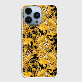 Чехол для iPhone 13 Pro с принтом Золотой узор в Новосибирске,  |  | black | chain | curlicues | decor | decorative | glitter | gold | luxury | metal | pattern | sparkle | white | yellow | белый | блеск | декор | декоративный | жёлтый | завитушки | золото | люкс | металл | роскошь | сверкать | узор | цепь | черный