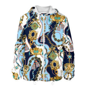 Мужская куртка 3D с принтом Барокко в Новосибирске, ткань верха — 100% полиэстер, подклад — флис | прямой крой, подол и капюшон оформлены резинкой с фиксаторами, два кармана без застежек по бокам, один большой потайной карман на груди. Карман на груди застегивается на липучку | baroque | blue | chain | decoration | fringe | gold | ribbon | style | vintage | white | барокко | бахрома | белый | винтаж | золото | кисточка | лента | синий | стиль | украшения | цепочка