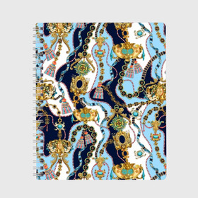 Тетрадь с принтом Барокко в Новосибирске, 100% бумага | 48 листов, плотность листов — 60 г/м2, плотность картонной обложки — 250 г/м2. Листы скреплены сбоку удобной пружинной спиралью. Уголки страниц и обложки скругленные. Цвет линий — светло-серый
 | baroque | blue | chain | decoration | fringe | gold | ribbon | style | vintage | white | барокко | бахрома | белый | винтаж | золото | кисточка | лента | синий | стиль | украшения | цепочка
