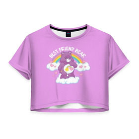 Женская футболка Cropp-top с принтом Заботливые мишки в Новосибирске, 100% полиэстер | круглая горловина, длина футболки до линии талии, рукава с отворотами | Тематика изображения на принте: best friend | rainbow | заботливые мишки | лучшие друзья | медведь | медвежонок | милота | мимими | миша | мишка | мишки радужные | мультик | радуга | сердечки