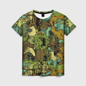 Женская футболка 3D с принтом Камуфляж в Новосибирске, 100% полиэфир ( синтетическое хлопкоподобное полотно) | прямой крой, круглый вырез горловины, длина до линии бедер | abstraction | army | art | background | blue | camouflage | clothing | color | green | marsh | pattern | snake | stencil | uniform | абстракция | армия | арт | болотный | зеленый | змея | камуфляж | одежда | трафарет | узор | униформа | фон | цв
