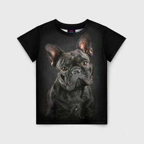 Детская футболка 3D с принтом Французский бульдог в Новосибирске, 100% гипоаллергенный полиэфир | прямой крой, круглый вырез горловины, длина до линии бедер, чуть спущенное плечо, ткань немного тянется | Тематика изображения на принте: animal | background | beast | black | breed | bulldog | cool | cute | dog | ears | french | jaw | look | muzzle | portrait | wool | бульдог | взгляд | животное | зверь | милый | пёс | порода | портрет | прикольно | псина | собака | уши | фон | фра